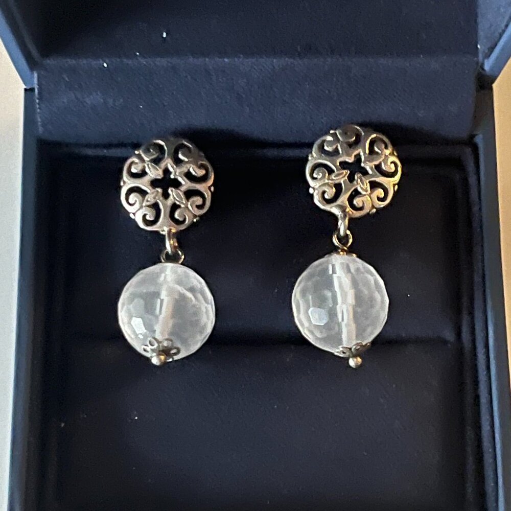 Dainty Silver Filigree Drop Earrings with Clear Faceted Beads